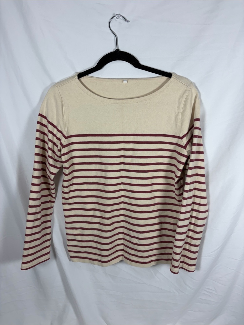Muji Striped Cream and Red Long-Sleeve 100% Cotton Women's Top